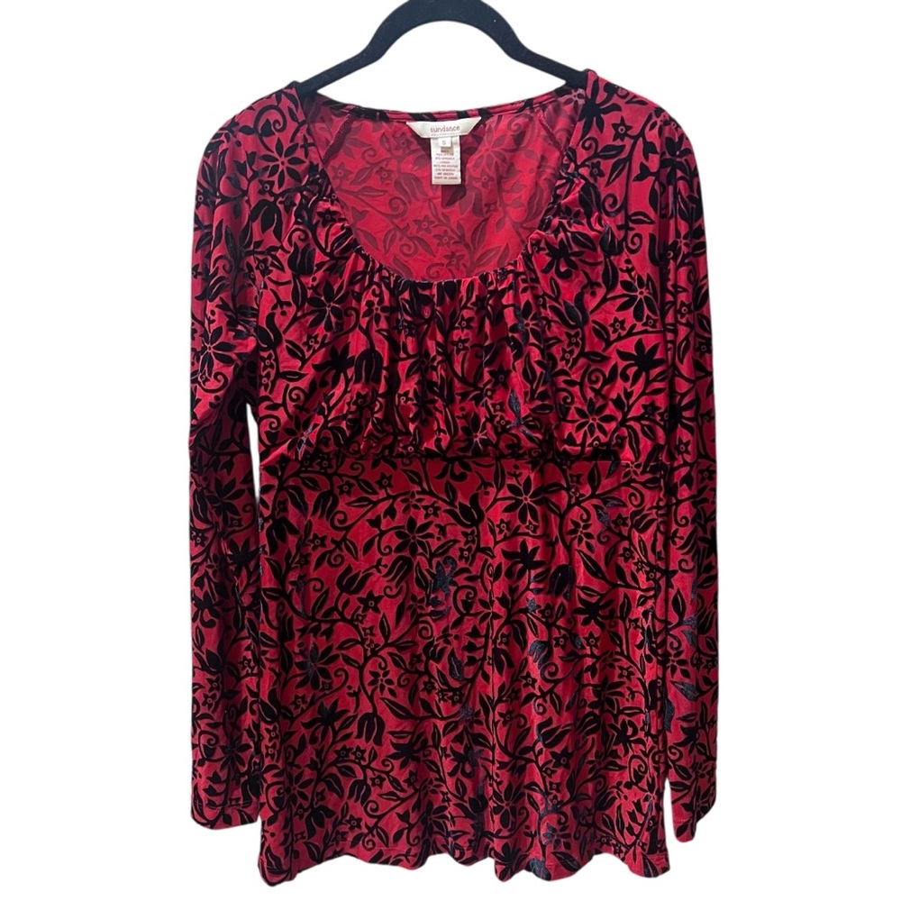 Sundance Red Black Velvet Mesh  Floral  Ruched‎ Blouse Size Small